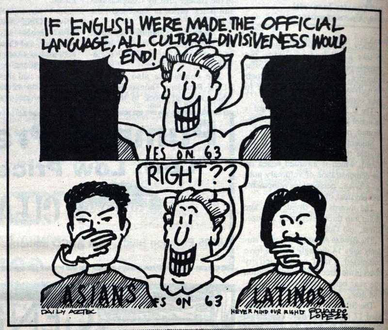 Caricatura de un hombre blanco tapándose la boca a un asiático y a un latino. / Cartoon of a white man covering the mouths of an Asian and Latino.