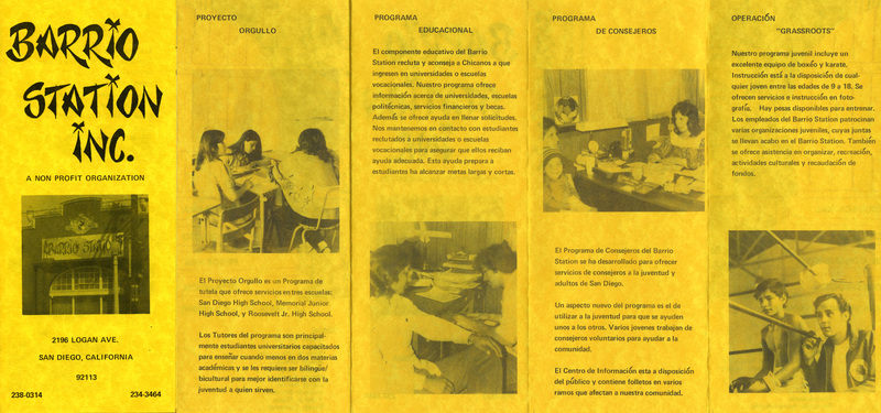 Folleto con fotos de jóvenes usando actividades en Estación Barrio. / Brochure with photos of youth using activities at Barrio Station.