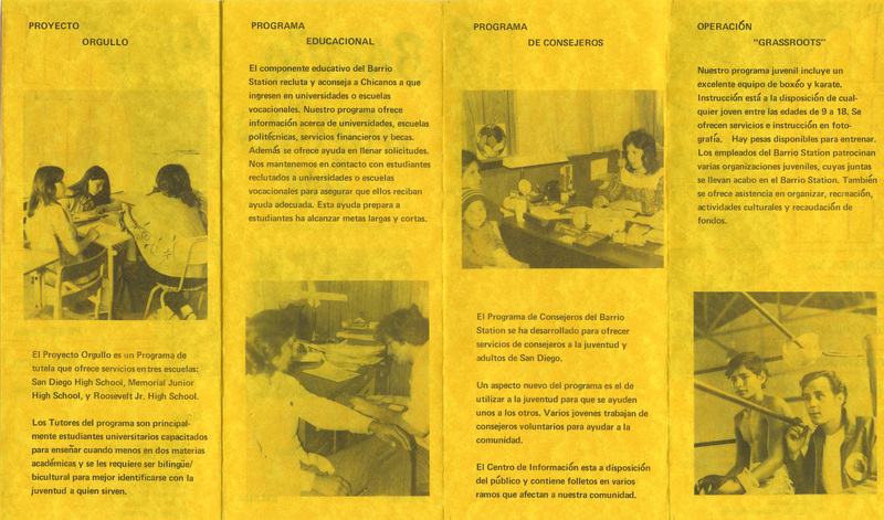 Folleto con fotos de jóvenes usando actividades en Estación Barrio. / Brochure with photos of youth using activities at Barrio Station.