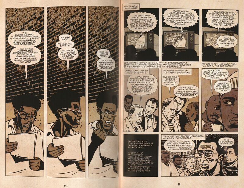 Excerpt from Big Black Stand at Attica). On Display: Pages 66-67. Depicts the Attica prison rebellion of 1971 where incarcerated men demanded an end to guard violence and violations of their human rights.