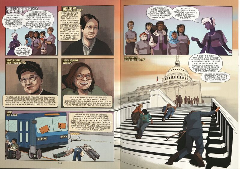 Excerpt from Amazons, Abolitionists, and Activists : a Graphic History of Women’s Fight for Their Rights (Ten Speed Press, 2019) by Mikki Kendall (writer) and A. D'Amico (artist). On Display: Pages 144-145. Depicts the 1978 protest in Denver, Colorado where disability activists blocked city buses with their wheelchairs to protest the inaccessibility of public transportation.