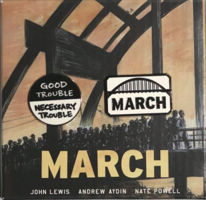A set of enamel lapel pins that say "Good Trouble, Necessary Trouble" and "March"