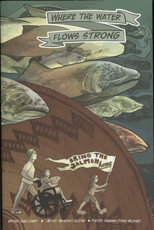Book cover with salmon on it and a group of people with protest signs, once of them in a wheelchair, that say Bring the Salmon Home!
