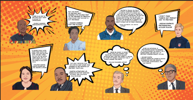 A large wall of cartoonized faces of famous people with quotes they've shared about civil rights and protesting