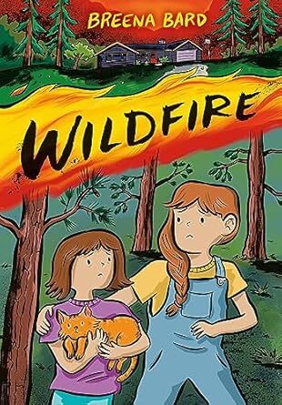 Book cover showing two young kids in front of a forest with the words Wildfire laid over a fire.