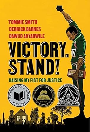 Yellow book cover with a black man wearing an Olympic medal, standing on a podium with one fist raised