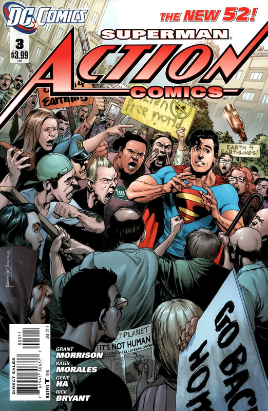 Cover of Action Comics Vol. 2 #3 (DC Comics, 2012) shows Superman surrounded by protestors