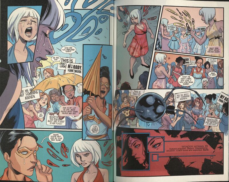 Excerpt from Shade, the Changing Woman/Wonder Woman Special (Milk Wars) (DC, 2018) by Cecil Castellucci (writer) and Frank Quitely (cover artist).