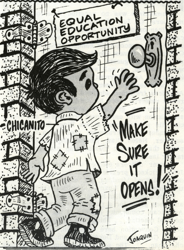 Caricatura de un Chicanito incapaz de alcanzar la manija de la puerta de igualdad de oportunidades educativas. / Cartoon of a Chicano child unable to reach the equal education opportunity door handle.