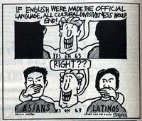 Caricatura de un hombre blanco tapándose la boca a un asiático y a un latino. / Cartoon of a white man covering the mouths of an Asian and Latino.