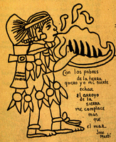 Dibujada a mano músico azteca tocando la trompeta de concha. / Hand-drawn Aztec musician playing the conch shell trumpet.