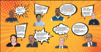 A large wall of cartoonized faces of famous people with quotes they've shared about civil rights and protesting