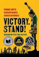 Yellow book cover with a black man wearing an Olympic medal, standing on a podium with one fist raised
