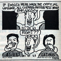 Caricatura de un hombre blanco tapándose la boca a un asiático y a un latino. / Cartoon of a white man covering the mouths of an Asian and Latino.