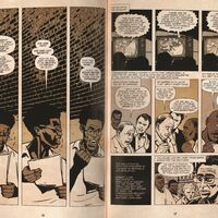 Excerpt from Big Black Stand at Attica). On Display: Pages 66-67. Depicts the Attica prison rebellion of 1971 where incarcerated men demanded an end to guard violence and violations of their human rights.
