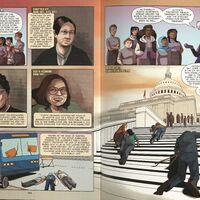 Excerpt from Amazons, Abolitionists, and Activists : a Graphic History of Women’s Fight for Their Rights (Ten Speed Press, 2019) by Mikki Kendall (writer) and A. D'Amico (artist). On Display: Pages 144-145. Depicts the 1978 protest in Denver, Colorado where disability activists blocked city buses with their wheelchairs to protest the inaccessibility of public transportation.