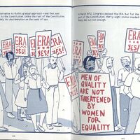 Depicts protests in favor of ratifying the Equal Rights Amendment (ERA), initially proposed in Congress in 1923 in an effort to secure full equality for women.