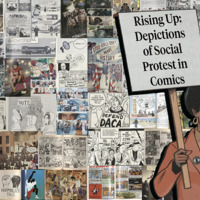 Collage of comics that depict social protest. Overlayed on top of the collage is an illustration from The Black Panther Party: A Graphic Novel History by By David F. Walker and Illustrated by Marcus Kwame Anderson (Ten Speed Graphic, 2021).