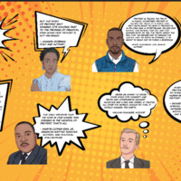 A large wall of cartoonized faces of famous people with quotes they've shared about civil rights and protesting