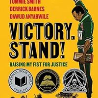 Yellow book cover with a black man wearing an Olympic medal, standing on a podium with one fist raised