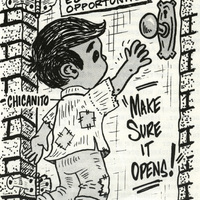 Caricatura de un Chicanito incapaz de alcanzar la manija de la puerta de igualdad de oportunidades educativas. / Cartoon of a Chicano child unable to reach the equal education opportunity door handle.